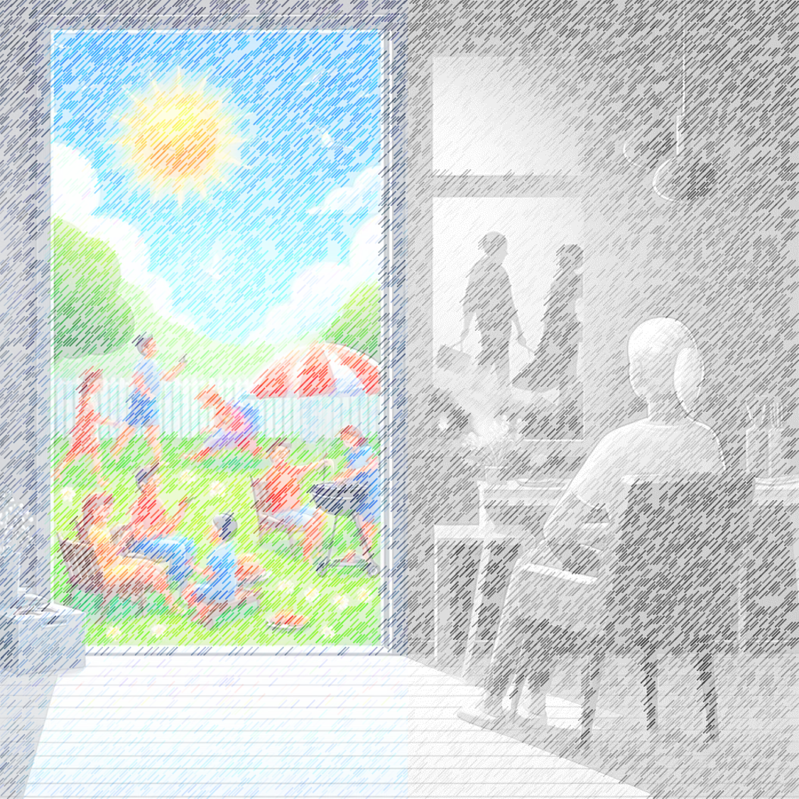 Eine Person sitzt alleine in einem Raum blickt nach außen zu Menschen im Park die Spaß haben